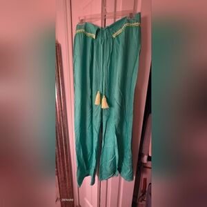 L Trina Turk Turquoise Yellow Tassel Wide-Leg Designer Beach Pants
